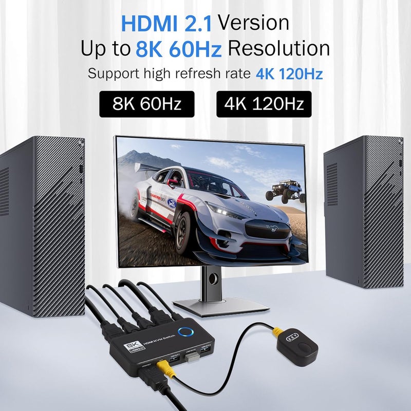 Suceem KVM Switch 1 Monitor 2 Computers - 8K@60Hz HDMI 2.1 KVM Switches with 3 USB 3.0 Ports for Sharing Monitor Keyboard Mouse Hard Drives and Printer Includes 2 HDMI & USB Cables and Controller - Image 3